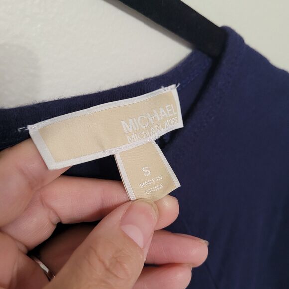 Michael Kors Navy Tie Sleeve T-Shirt Dress Size S Gold Logo Designer - Picture 3 of 5